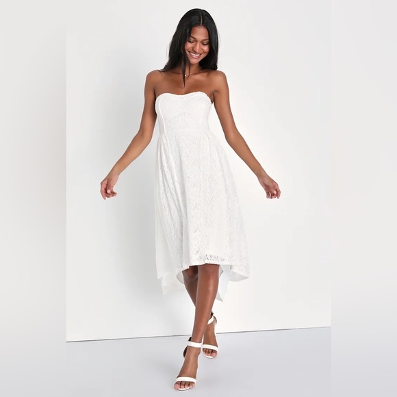 Lulus Curated Charm White Lace Strapless Bustier High-Low Dress, size small - Picture 1 of 8
